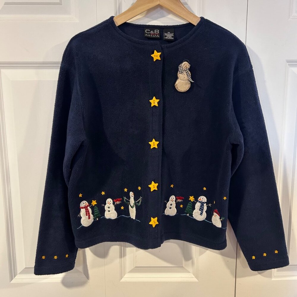 Vintage Sport Fleece Cardigan Navy Holiday Snowman Embroidered Sz PS 90s Quirky
